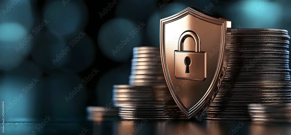 Poster a secure lock and shield symbol stand in front of stacks of coins, representing the importance of pr