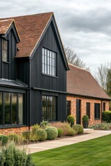 Modern architecture complements nature in a tranquil garden setting featuring a stylish black and red house surrounded by greenery and a well-maintained lawn during overcast weather