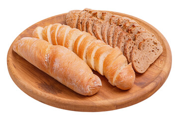 Whole and sliced wheat baguette and buckwheat baguette on a wooden tray isolated on white.