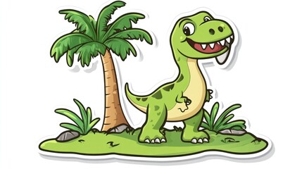 Obraz premium Happy cartoon dinosaur by palm tree, tropical island background; children's book illustration