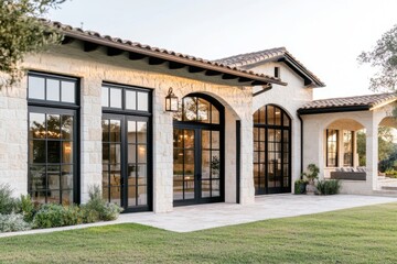 Elegant modern architecture showcases a beautiful exterior of a house in a serene garden setting during late afternoon light