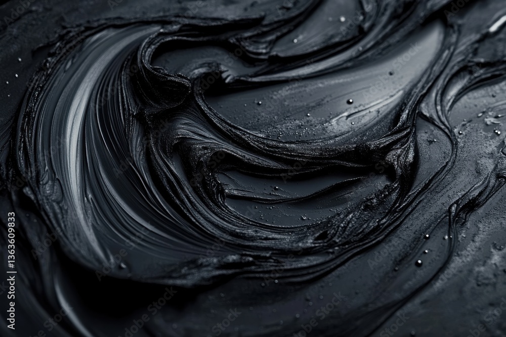 Poster abstract black swirl patterns with glossy texture and water droplets on dark surface