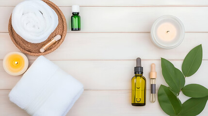 Relaxing spa wellness concept with aromatherapy oils, towels, and candles