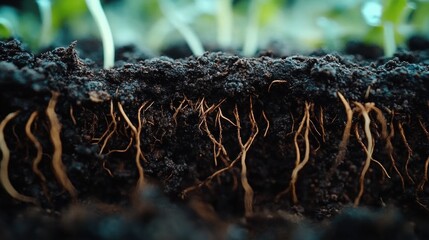 Fototapeta premium Close-up of rich, dark soil with intricate textures, tiny roots, and organic patterns, raw nature