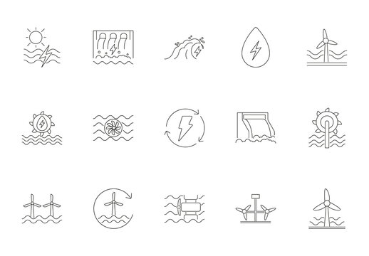 Black White Renewable Energy Water Power Icons Set