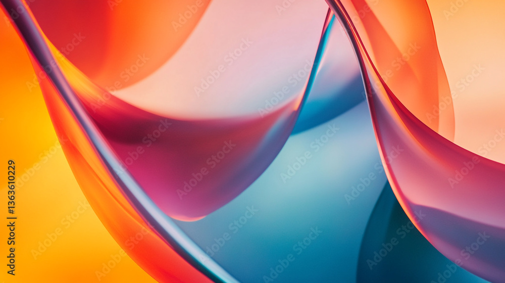 Poster abstract flowing ribbons in orange pink and blue creating a dynamic and colorful composition