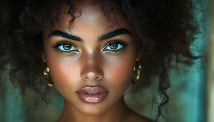Fototapeta premium Stunning, young woman with dark curly hair and captivating green eyes, gold hoop earrings