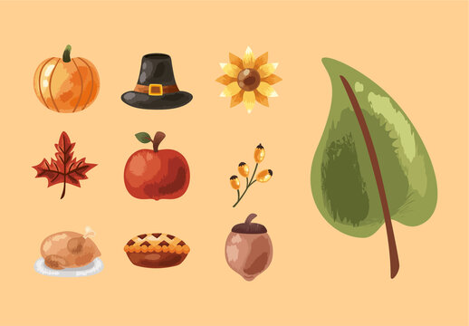 Brown Thanksgiving Fall Food Leaves Holiday Illustration Set