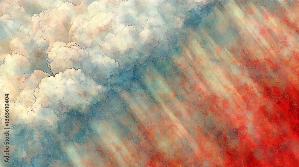 Poster dynamic abstract painting combining sky, clouds and fiery earth elements