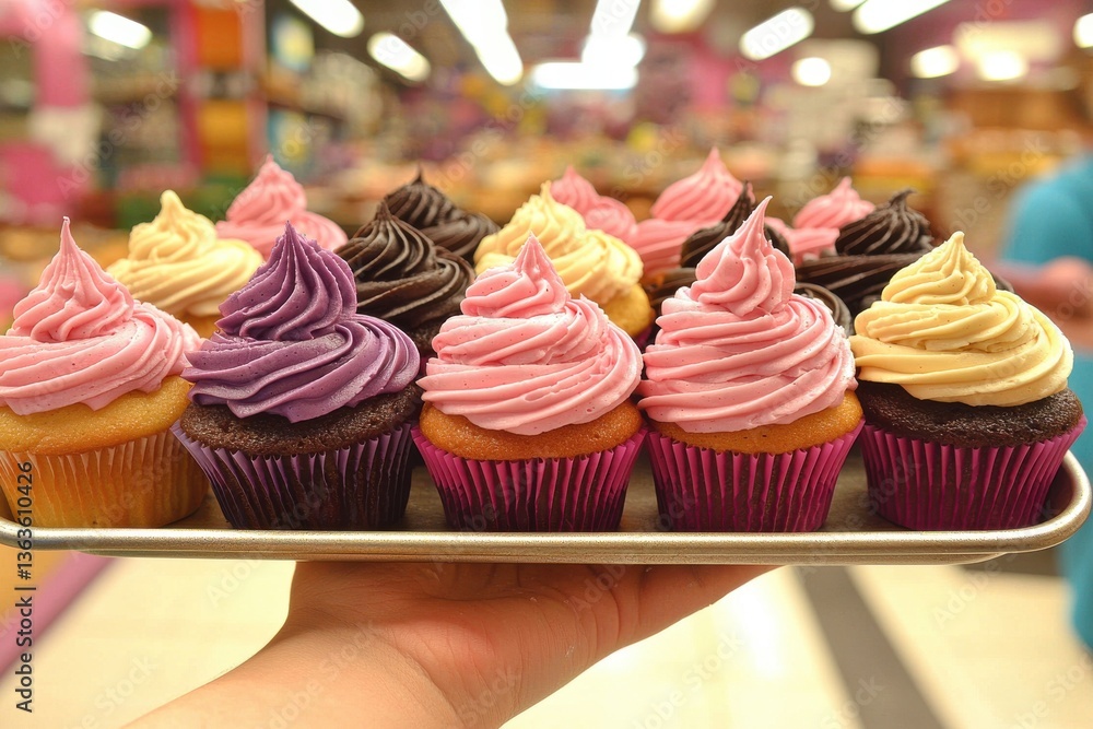 Aufkleber a tantalizing display of assorted cupcakes with colorful frosting, presented on a tray held in hand,