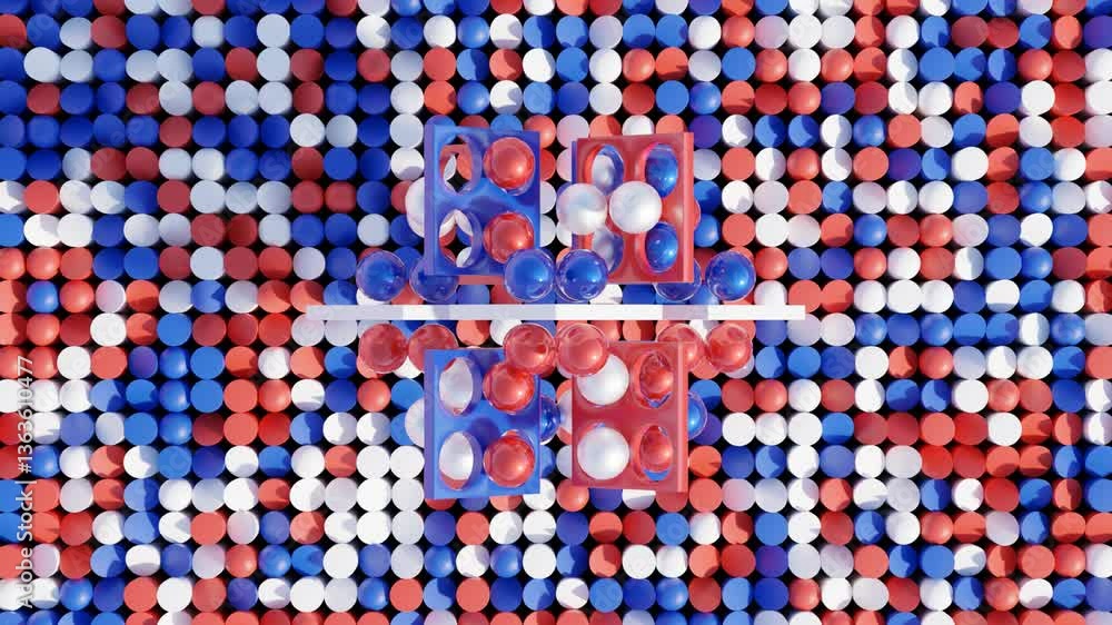 Poster abstract 3d geometric animation – rolling spheres and floating plates in red, white, and blue, perfe