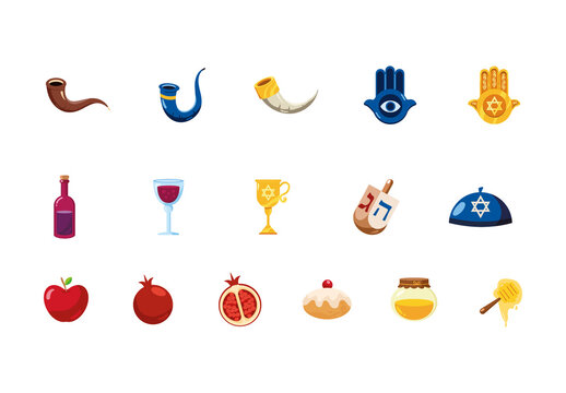 Colorful Jewish Shofar Hamsa Food Symbols Icons Set