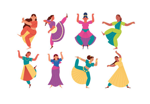 Colorful Kathak Indian Women Dance Culture Illustration Set