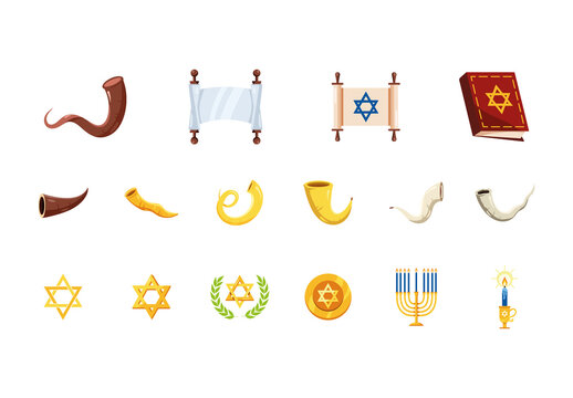 Colorful Jewish Symbols Torah Shofar Religion Tradition Design Set