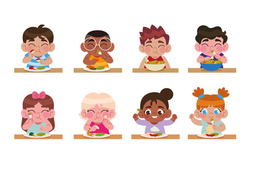 Colorful Kids Eating Healthy Food Vegetable Character Illustration Set