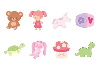 Multicolor Soft Plush Animals Cartoon Objects Icons Set