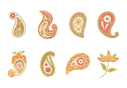 Green Yellow Floral Paisley Botanical Ornaments Icons Set