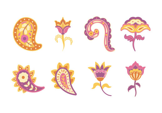 Orange Yellow Floral Paisley Decorative Elements Icons Set