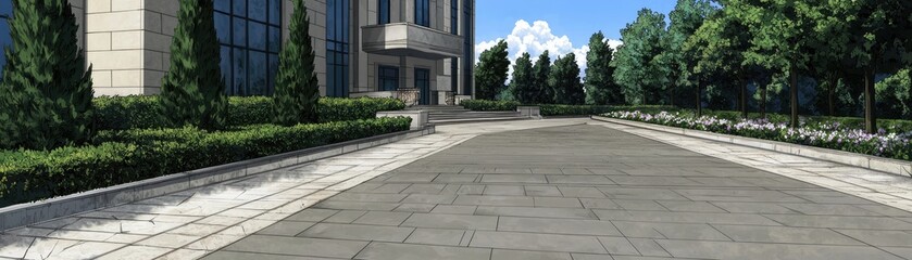 Obraz premium Office building entrance, landscaped pathway, summer day