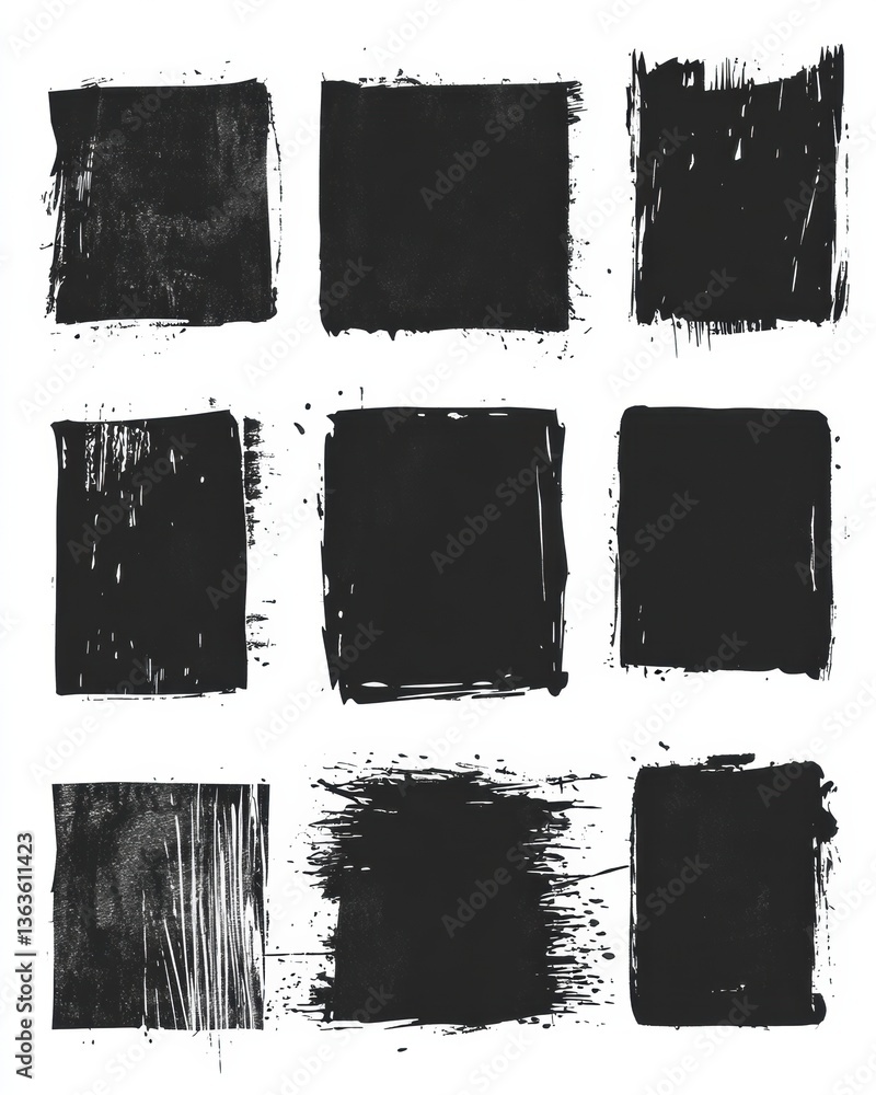 Poster collection of black vector rough edge rectangles featuring grunge square frames and hand-drawn rippe