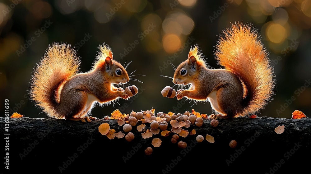 Poster two squirrels perched on a tree limb adjacent to a nut mound
