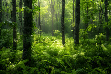 Obraz premium Tranquil Forest with Sunlight Filtering Through Tall Trees and Lush Greenery, Invoking Peace and Nature's Beauty