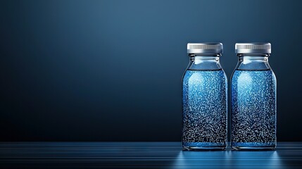   Two bottles sit together on a wooden table in front of a blue wall