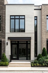 Naklejka premium Modern architectural design features a sleek front entrance with large windows and contemporary landscaping in an urban setting during daylight hours