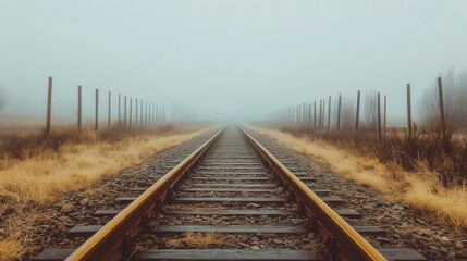 Obraz premium Foggy Countryside Path with Tall Wooden Fences