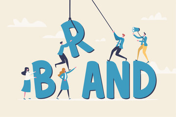 Build branding create brand awareness advertising, product or company value strategy, build reputation or identity for customer recognition concept, business people help building the word BRAND.