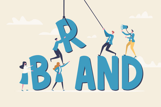 Build branding create brand awareness advertising, product or company value strategy, build reputation or identity for customer recognition concept, business people help building the word BRAND.