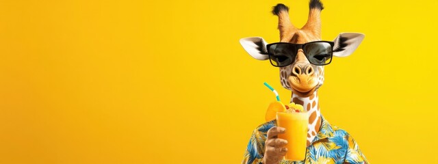 Stylish giraffe enjoys a tropical drink in a colorful Hawaiian shirt Generative AI