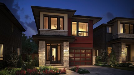 Obraz premium Modern house exterior at dusk, showcase home for real estate, architecture and design