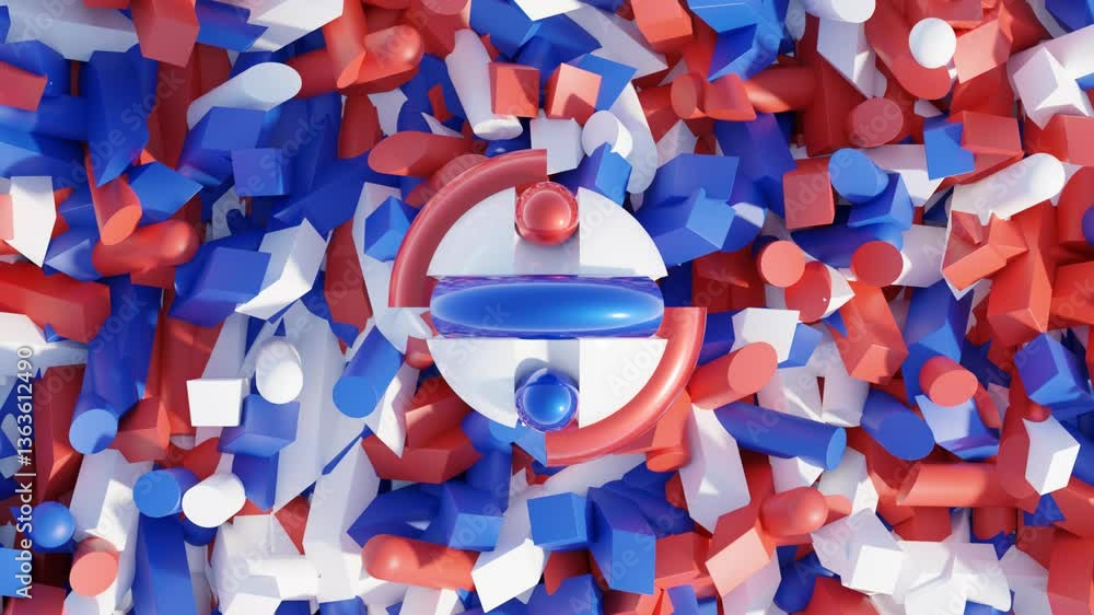 Poster abstract 3d animation, minimalist motion of single geometric shape in red white and blue palette, se