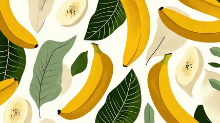   A white surface holds a group of bananas with green foliage, one banana split open atop them