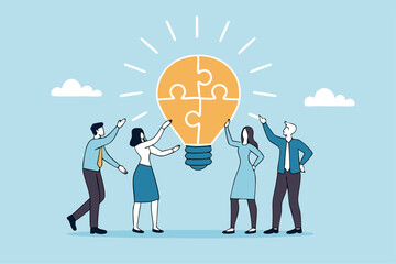 Idea brainstorming, cooperation or collaboration to get solution, teamwork or team meeting to develop idea together, employee participation concept, business people connect lightbulb jigsaw puzzle.
