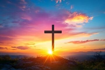Fototapeta premium Cross at beautiful sunset, christianity and religion concept