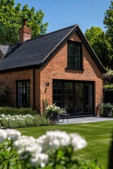 Charming brick cottage with expansive garden blooming with white flowers in bright sunlight showcasing timeless architecture and beautiful landscaping