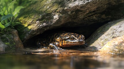 Obraz premium A colorful salamander hides under rocks near water quietly