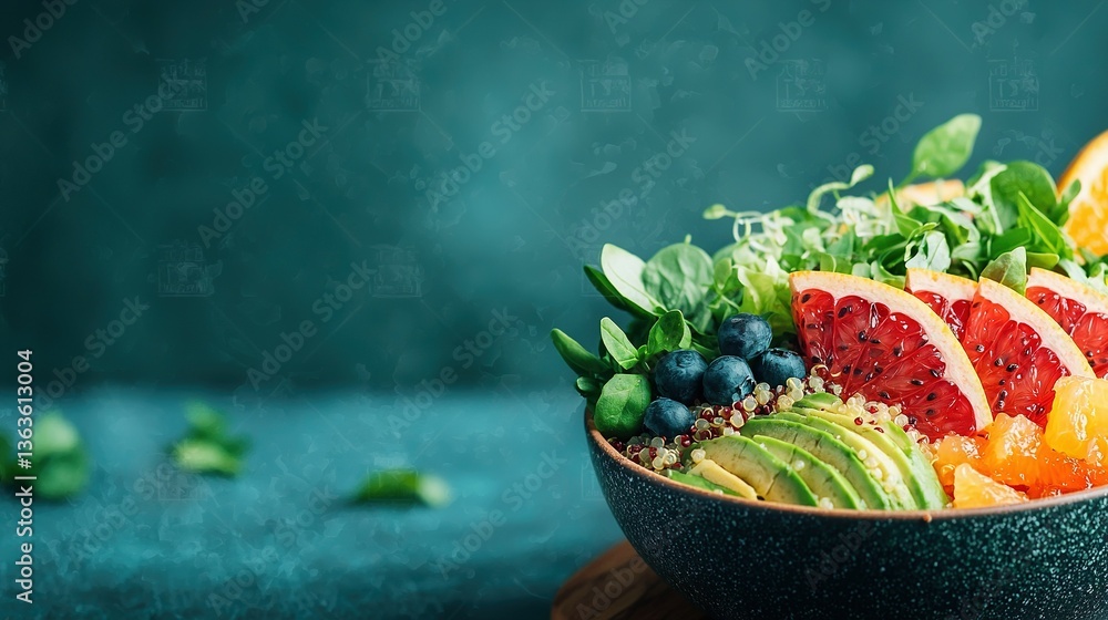 Poster a table adorned with a colorful fruit and vegetable array rests against a blue background, while lus