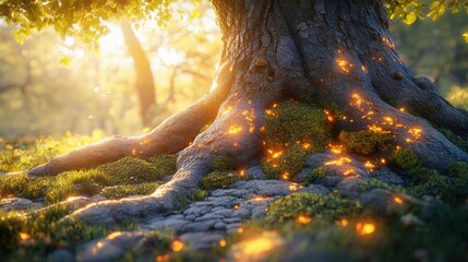 Close-up of an ancient tree trunk with deep, rugged bark, cracks, and moss, bathed in golden light