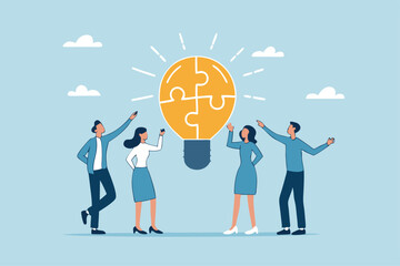 Idea brainstorming, cooperation or collaboration to get solution, teamwork or team meeting to develop idea together, employee participation concept, business people connect lightbulb jigsaw puzzle.