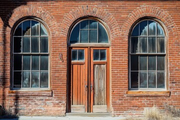 Obraz premium Red brick building facade with arched windows and worn wooden door showcasing rustic charm in a quiet historic town setting