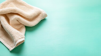 Creamy towel folded, textured on a bright teal surface. Clean look