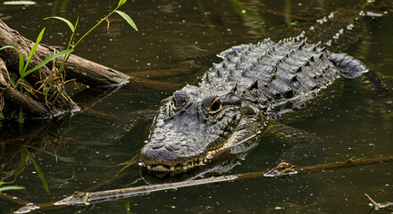 Fototapeta premium Alligator emerging from murky swamp: an apex predator in its environment