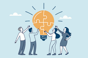 Idea brainstorming, cooperation or collaboration to get solution, teamwork or team meeting to develop idea together, employee participation concept, business people connect lightbulb jigsaw puzzle.