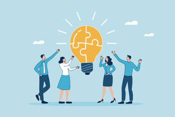 Idea brainstorming, cooperation or collaboration to get solution, teamwork or team meeting to develop idea together, employee participation concept, business people connect lightbulb jigsaw puzzle.