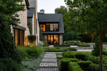 Fototapeta premium Elegant garden pathway leads to a modern stone house in a serene evening setting with warm lights illuminating the surrounding greenery