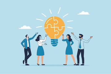 Idea brainstorming, cooperation or collaboration to get solution, teamwork or team meeting to develop idea together, employee participation concept, business people connect lightbulb jigsaw puzzle.