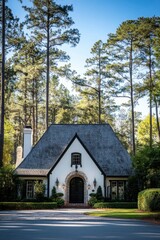 Nestled amidst towering trees, this delightful white cottage radiates charm in a peaceful suburban neighborhood, basking in the warmth of a sunny afternoon